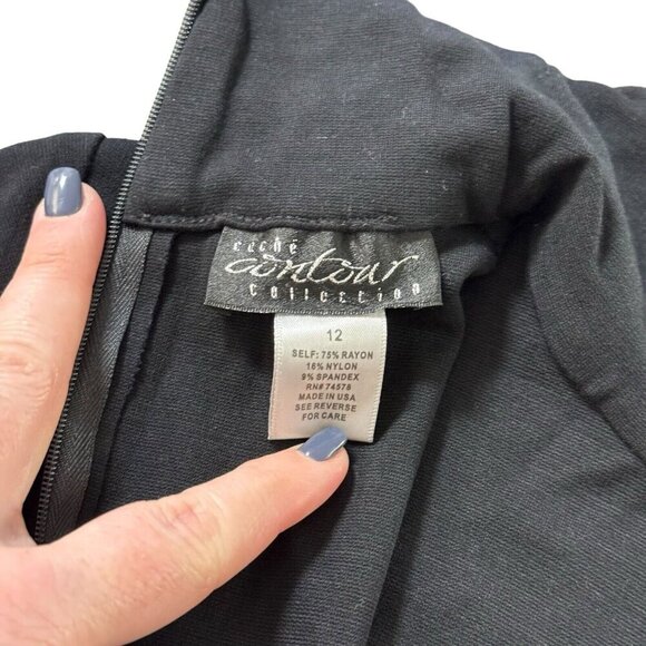 VTG Y2K Cache Contour Fitted Dress Ruffle Short Sleeve Turtleneck Knee Length 12 - Picture 14 of 16